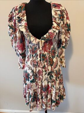 Smocked Floral Mini Dress in Cream with Teal and Rose Accents